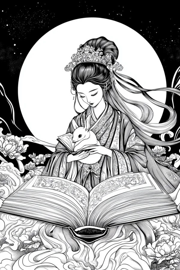 Chinese goddess chang'e holding jade rabbit, chinese traditional style — free printable mid-autumn festival coloring book page