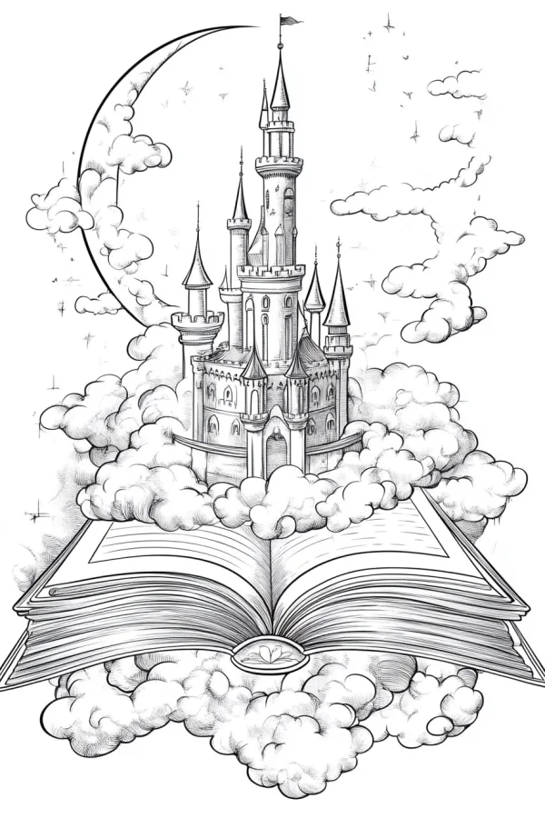 Fairy tale castle on an open book surrounded by clouds and crescent moon, fantasy style — free printable sky coloring book page