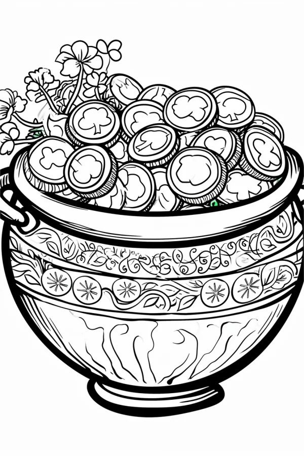 Pot full of clover-printed coins, st. patrick's day theme — free printable st. patrick's day coloring book page