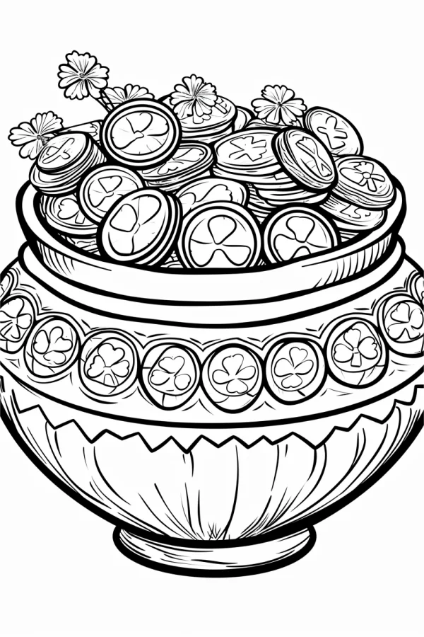 Pot filled with clover coins, saint patrick's day theme — free printable st. patrick's day coloring book page