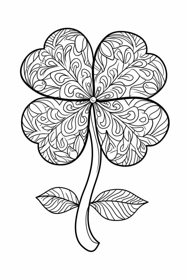 Zentangle style four-leaf clover, intricate organic swirling patterns — free printable st. patrick's day coloring book page