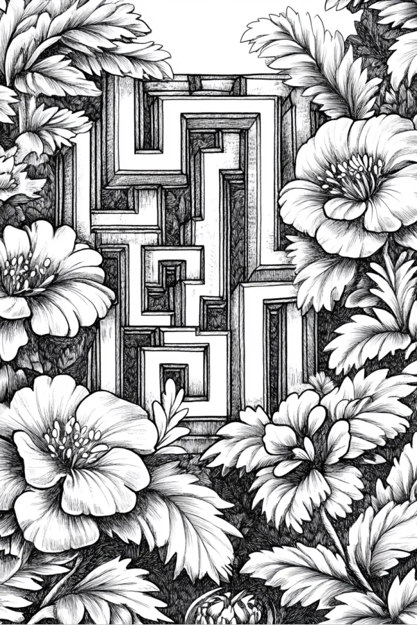 Geometric labyrinth surrounded by detailed hand-drawn flowers, sketch style — free printable maze coloring book page