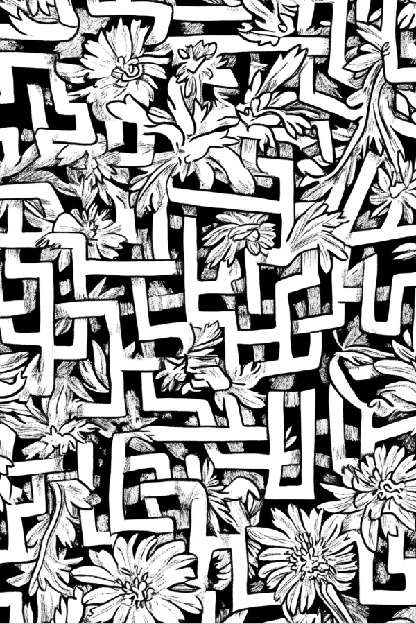 Intricate interwoven floral and geometric maze pattern, abstract decorative art style — free printable abstract creativity coloring book page