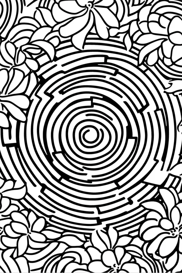 Spiral maze surrounded by floral patterns, line art style — free printable maze coloring book page