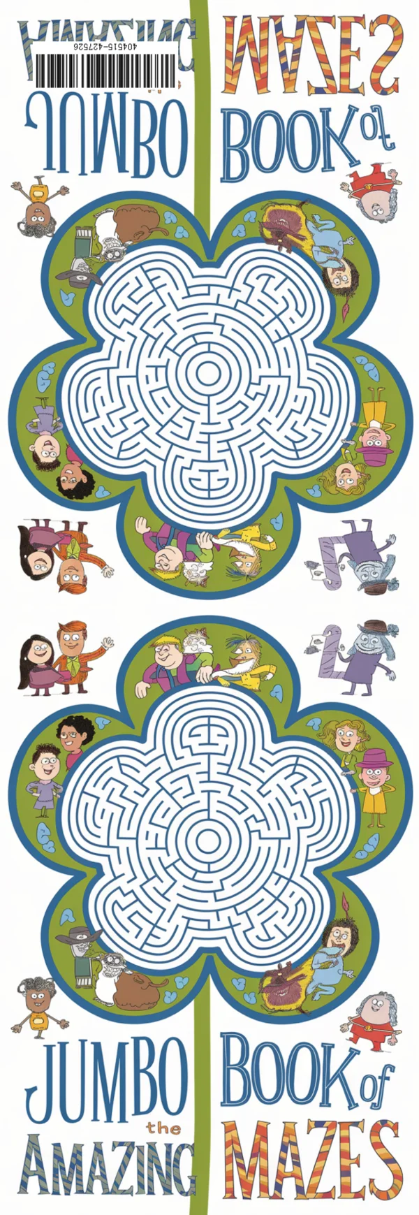 Book cover, flower-shaped mazes surrounded by various colorful cartoon characters — free printable entertainment coloring book page