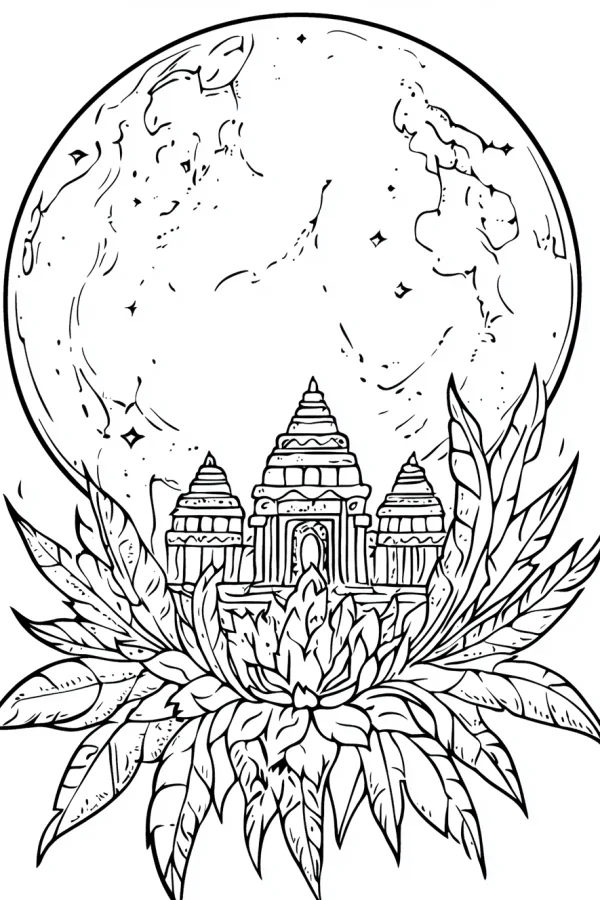 Southeast asian temple surrounded by lotus flowers, full moon with stars in the background — free printable southeast asian culture coloring book page