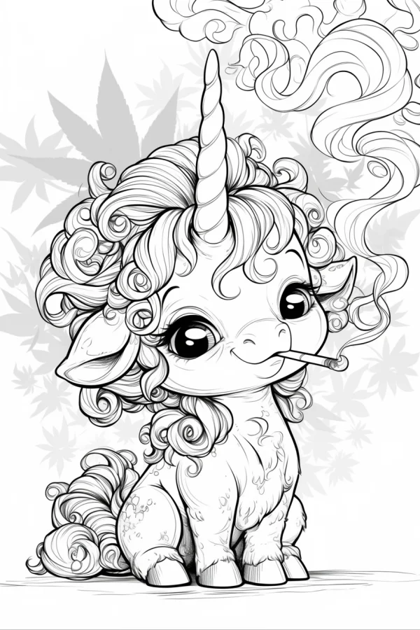 Cute chibi unicorn smoking a cigarette, cartoon style — free printable parody coloring book page
