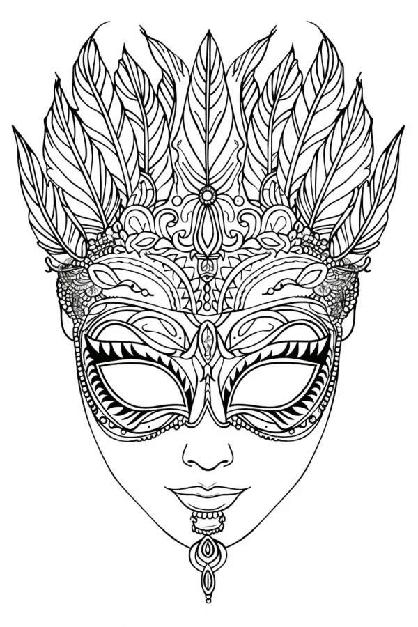 Ornate carnival mask with feathers on a human face, decorative art style — free printable carnival coloring book page