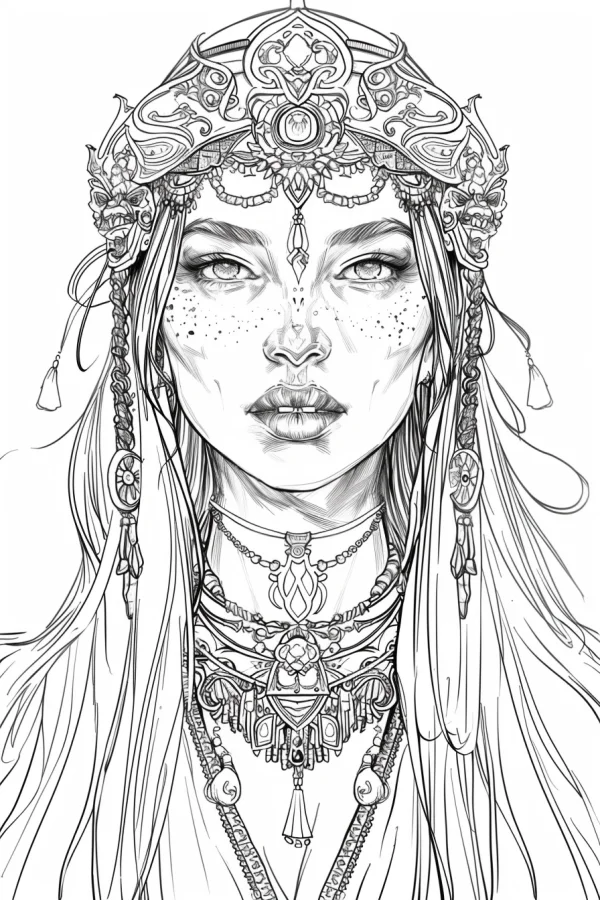 Tribal woman with ornate headdress and layered ethnic necklaces, tribal ethnic style — free printable ethnic culture coloring book page