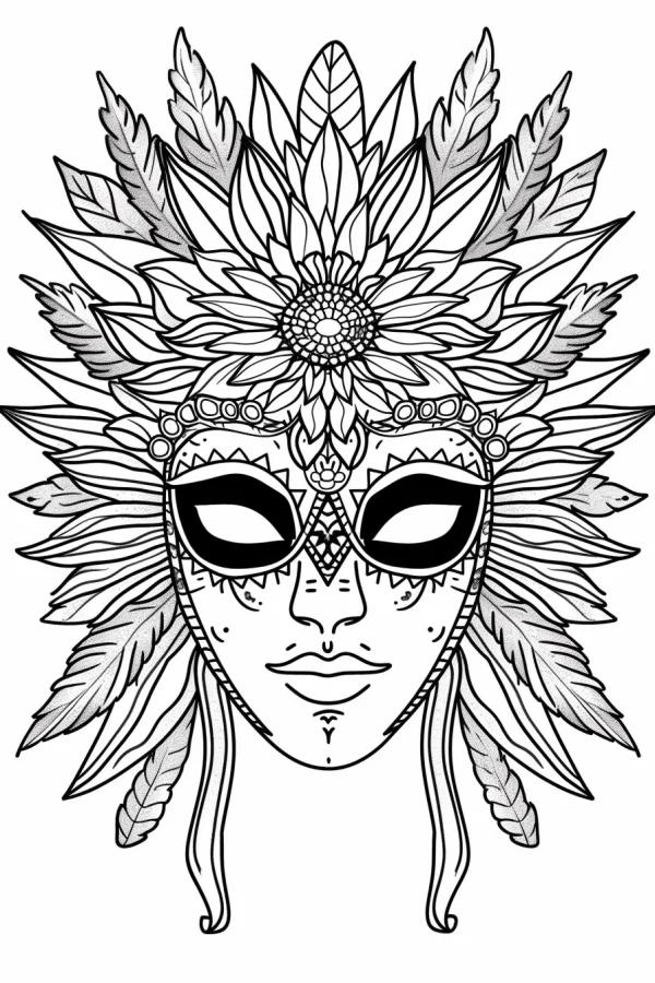 Carnival feather mask with sunflower and decorative patterns, latin american cultural style — free printable carnival coloring book page