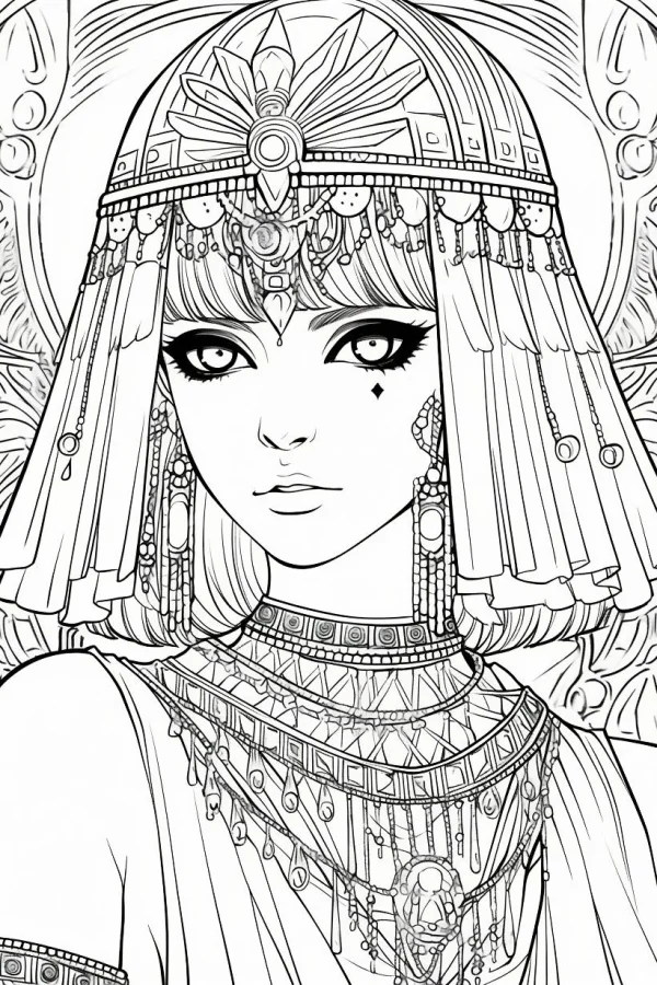 Anime-style egyptian girl with elaborate traditional headdress and layered necklaces, fine smooth detailed outlines — free printable egypt coloring book page