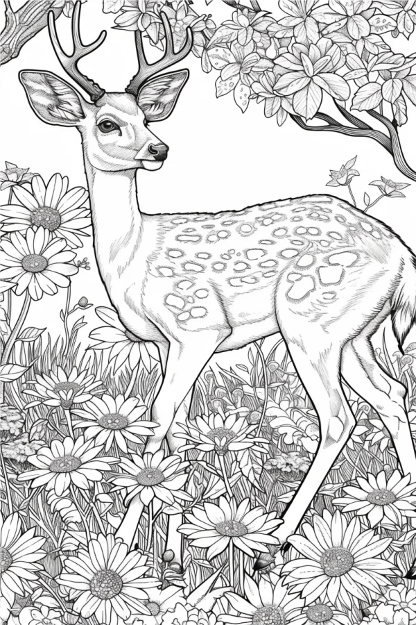 Fawn standing in a field of daisies, realistic line art style — free printable flower season coloring book page