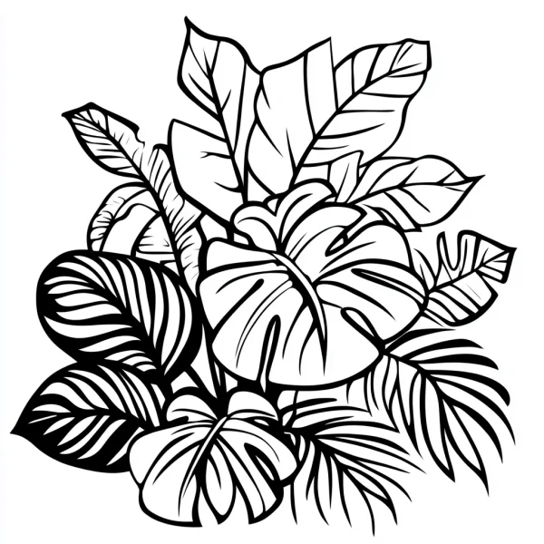 Tropical plant leaves arrangement, realistic line art style — free printable tropical plants coloring book page