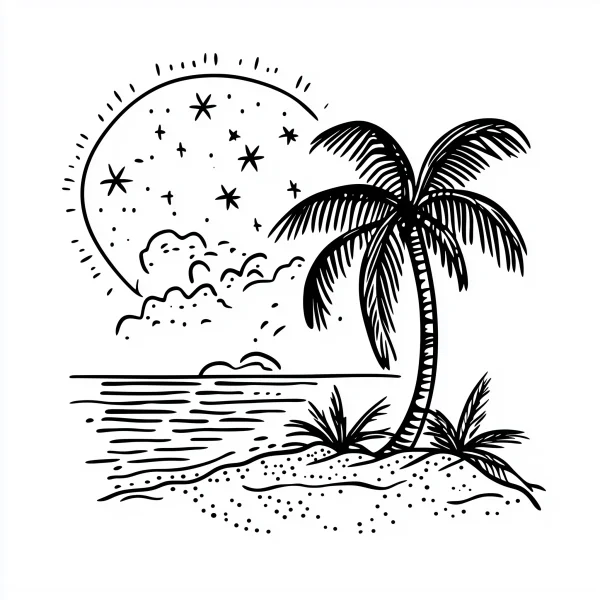 Seaside palm tree on sandy beach, sketch style — free printable night coloring book page