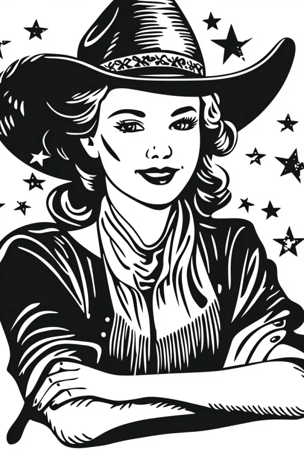 Cowgirl with wide-brimmed cowboy hat, western style — free printable cowboy coloring book page