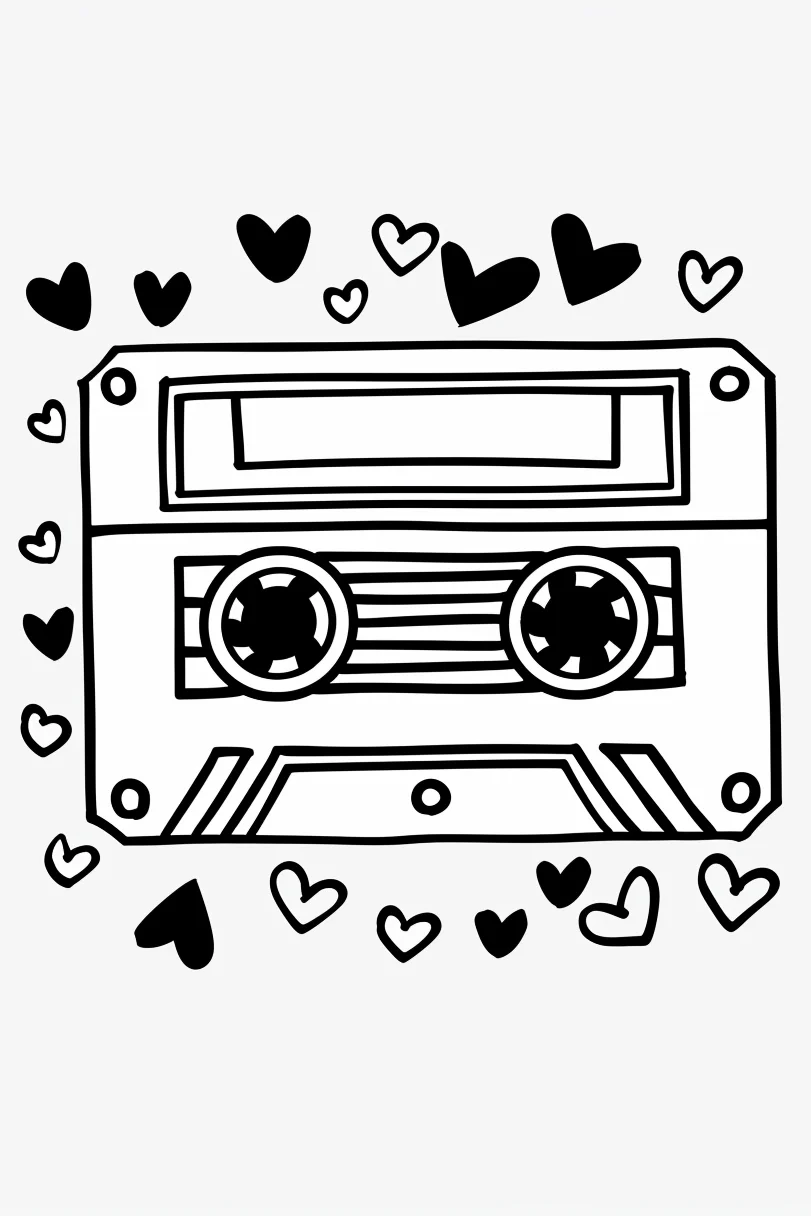 Cassette tape surrounded by solid and hollow hearts, cartoon style — cartoon style — beginner-friendly — line art coloring page — for kids and adults of all ages
