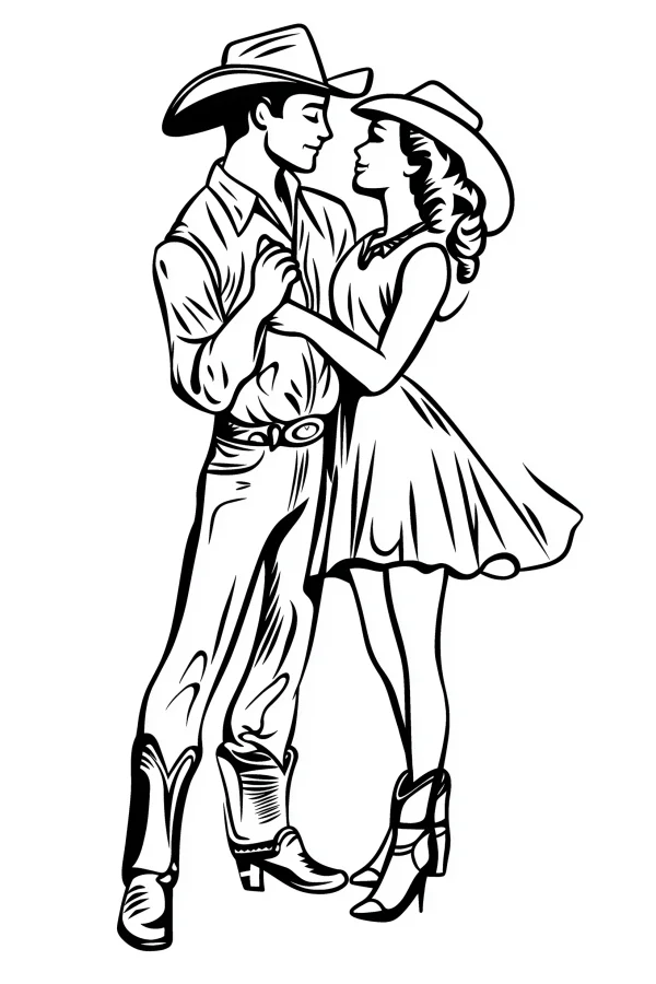 Cowboy couple in romantic embrace, cartoon western american style — free printable cowboy coloring book page