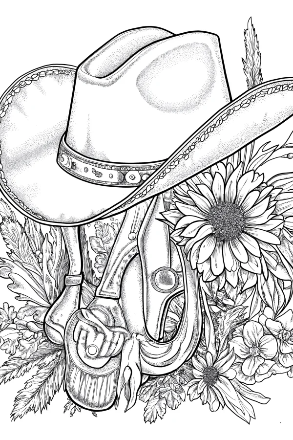 Cowboy hat with western saddle accessories surrounded by daisies, dahlias and wild plants — free printable western cowboy coloring book page