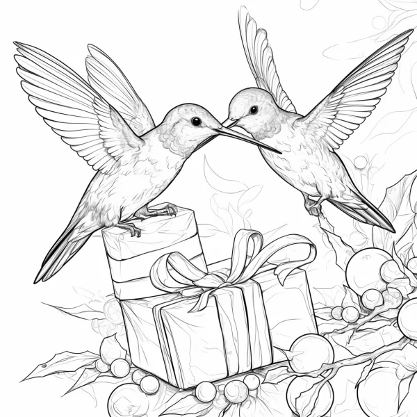 Two hummingbirds perched on christmas gift boxes with holly berries and bows, realistic line art style — free printable warmth coloring book page