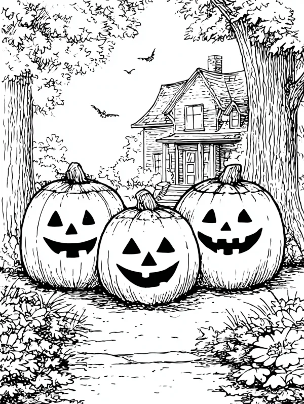 Three cheerful jack-o'-lanterns in front of a suburban house, halloween theme — free printable scenery coloring book page