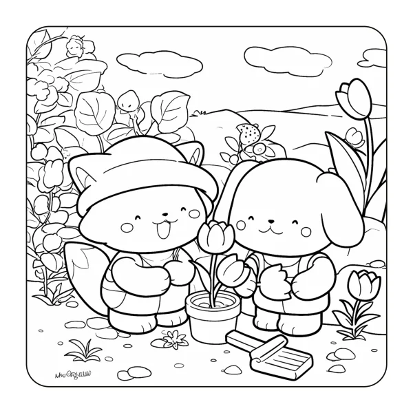 Cartoon fox and dog gardening, cute cartoon style — free printable flower season coloring book page
