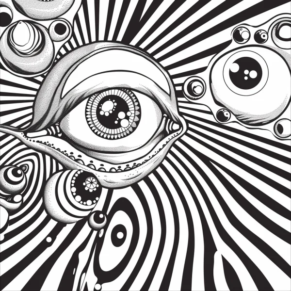 Surreal oversized eye with multiple small eyes, abstract psychedelic style — free printable surreal coloring book page