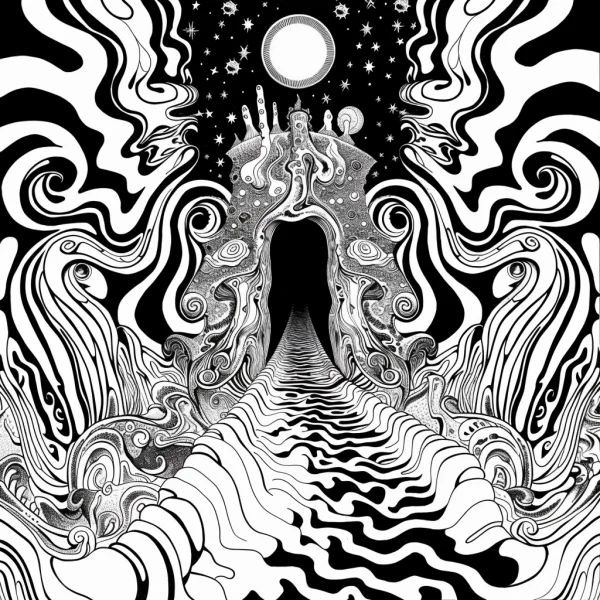 Surreal fantasy mysterious portal, surreal art style — free printable dreams coloring book page