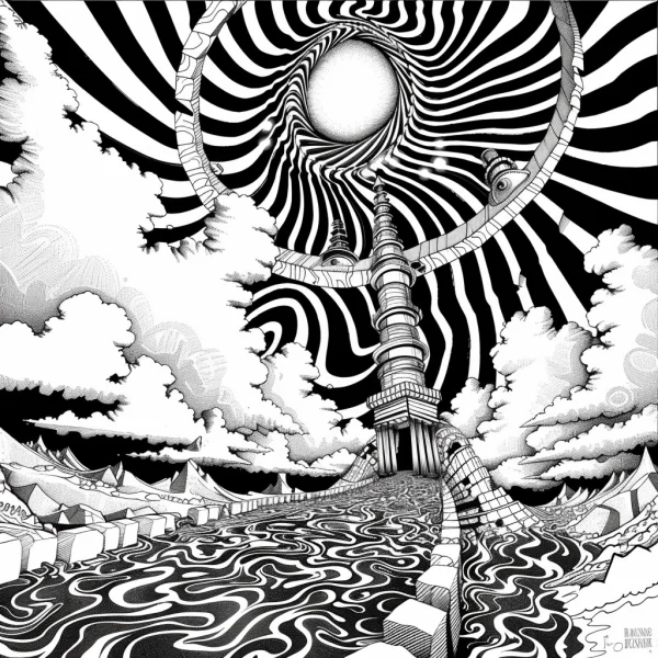 Surreal twisted scene with tall tower, abstract op art style — free printable surreal coloring book page