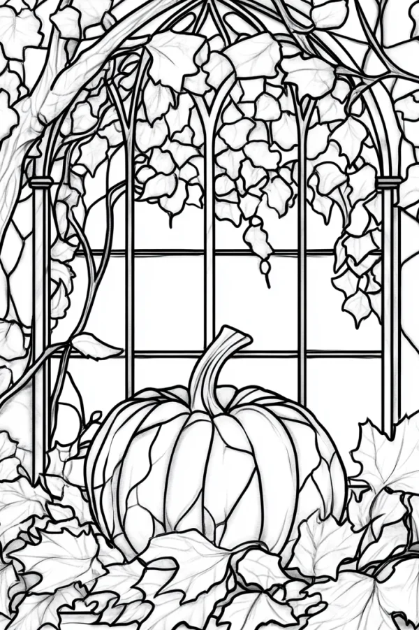 Halloween pumpkin surrounded by vines and leaves by an arched window, fine clean flowing organic outlines — free printable daily scene coloring book page