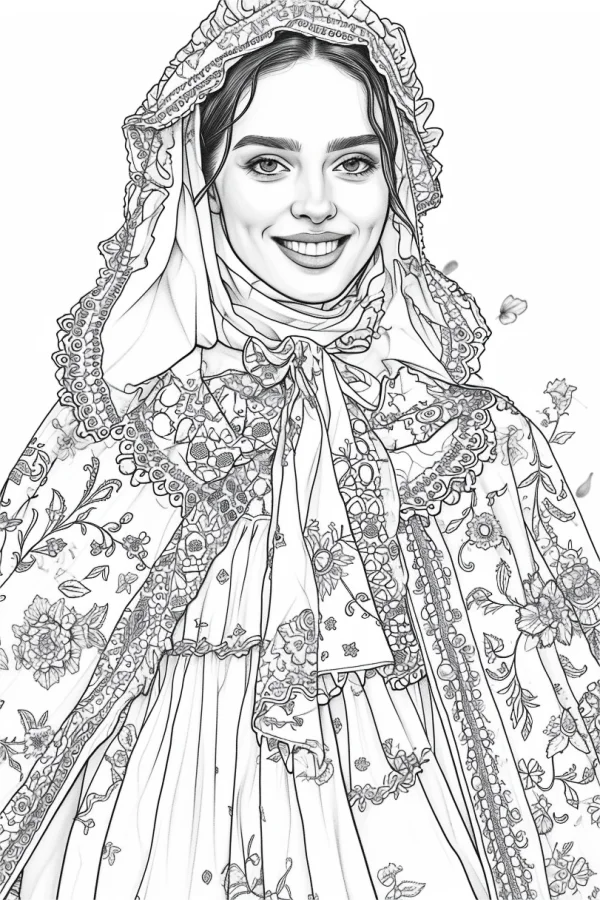 European woman in traditional floral-patterned clothing and headscarf, realistic illustration style — free printable clothing coloring book page