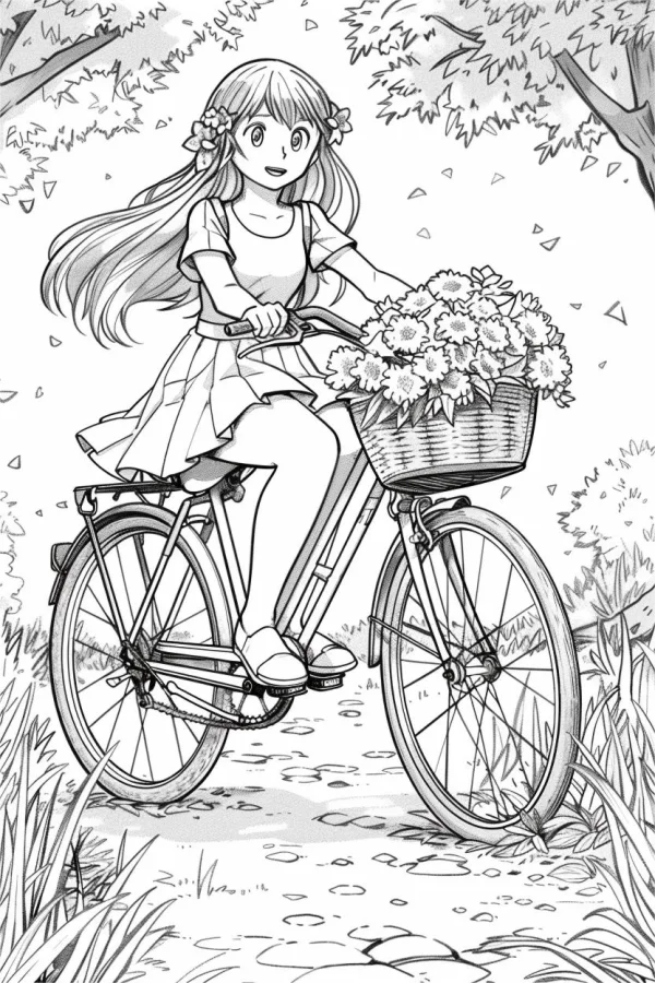 Long-haired girl with flower hair accessories riding a bicycle with a basket full of daisies, anime cartoon style — free printable flower season coloring book page