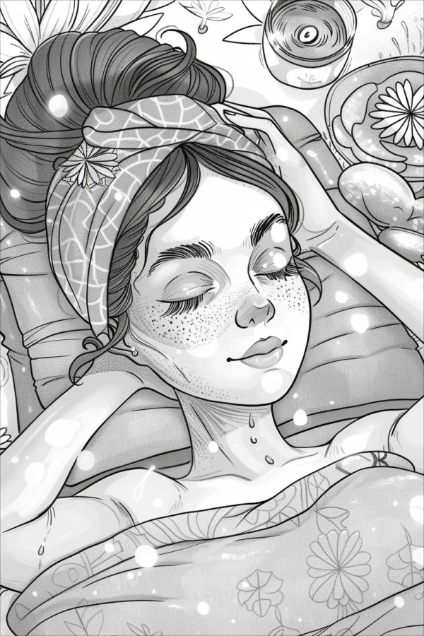A freckled girl relaxing with headscarf, cartoon illustration style — free printable relaxation coloring book page