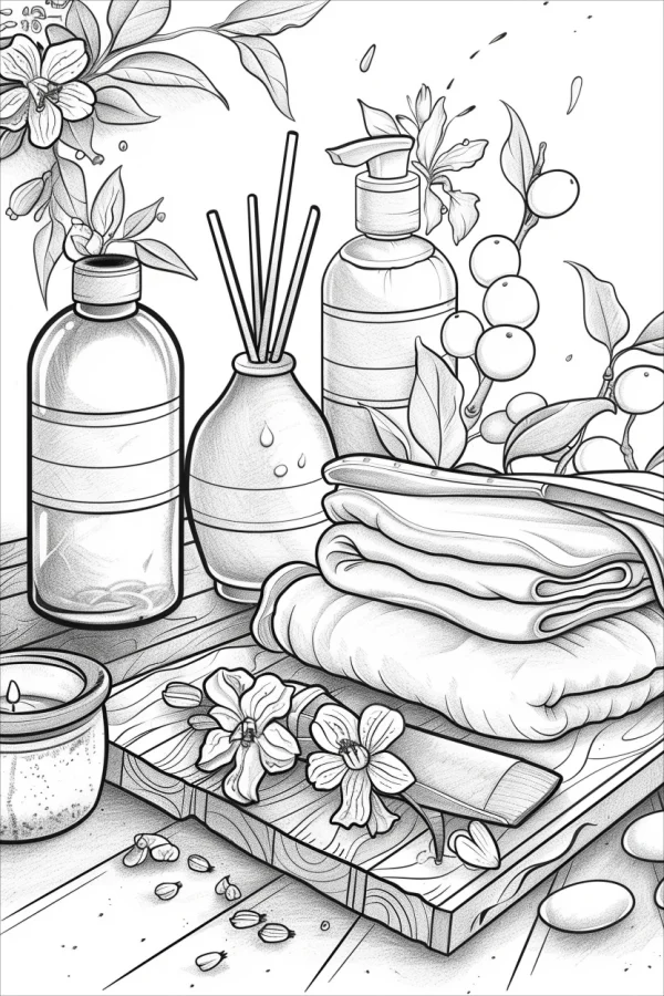 Spa bath essentials set including shower bottle, reed diffuser — free printable home relaxation coloring book page