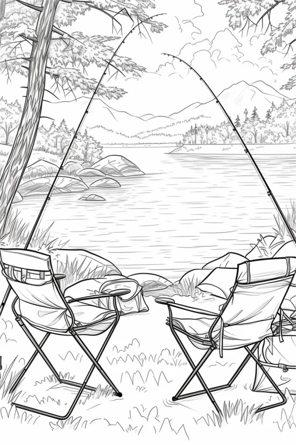 Lakeside camping fishing scene with foldable chairs and fishing rods, sketch style — free printable fishing coloring book page