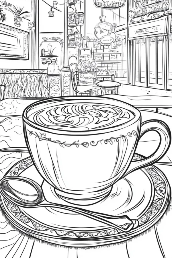 Latte art coffee cup on decorative saucer with spoon, realistic line art style — free printable cafe coloring book page