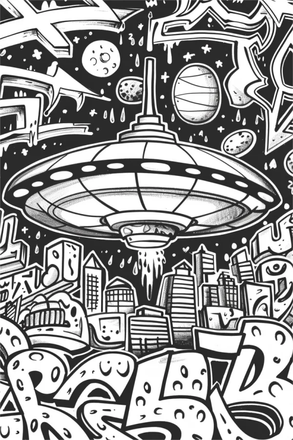 Ufo over graffiti-style city, sci-fi cartoon art style — free printable alien coloring book page