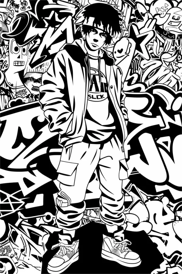 Street style teen boy with headband, wearing hooded jacket — free printable graffiti art coloring book page