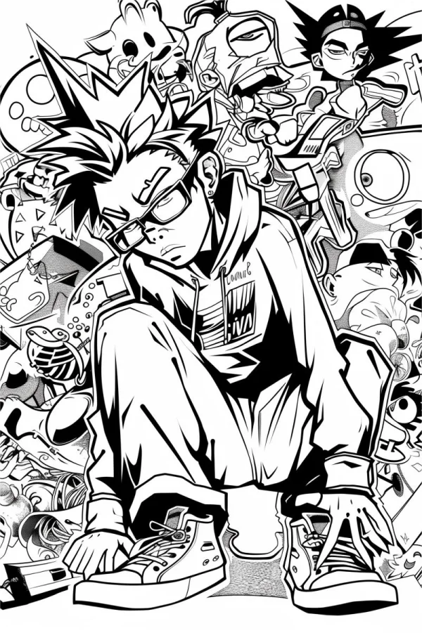 Hip-hop style anime boy with spiky hair and square glasses, street graffiti art style — free printable hip hop coloring book page