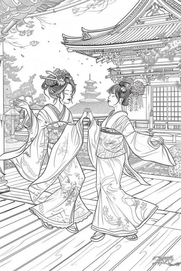 Two kimono-clad girls dancing, japanese traditional style — free printable traditional culture coloring book page
