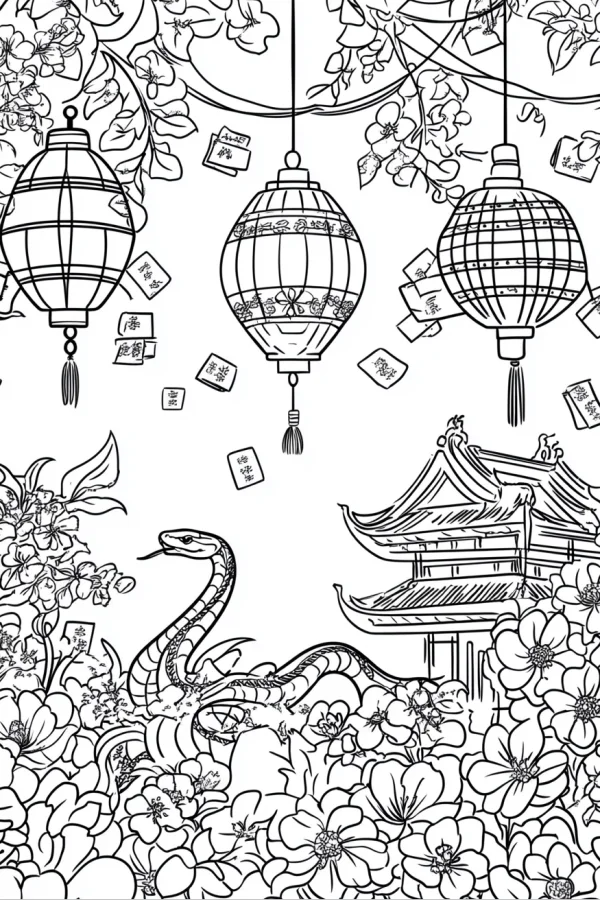 Chinese new year themed scene with snake, traditional chinese lanterns — free printable spring festival coloring book page
