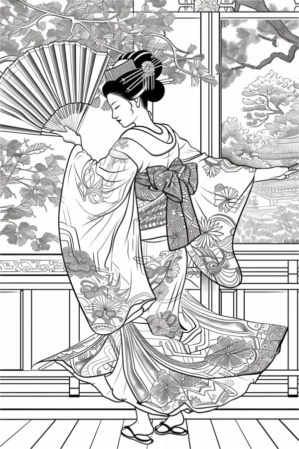 Japanese geisha in traditional kimono, japanese ukiyo-e style — free printable traditional culture coloring book page