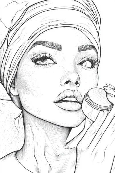Girl with head wrap holding a beauty sponge, realistic illustration style — free printable beauty coloring book page