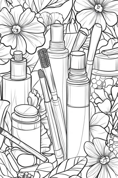 Coloring book page, combination of beauty products and flowers — free printable beauty coloring book page