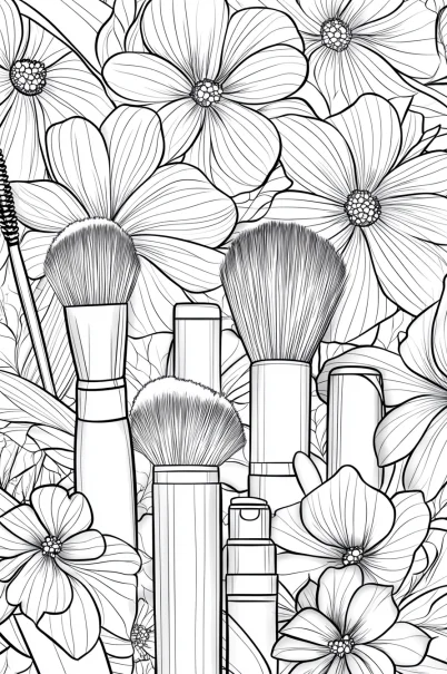 Makeup brushes surrounded by blooming flowers and leaves, line art style — free printable beauty coloring book page