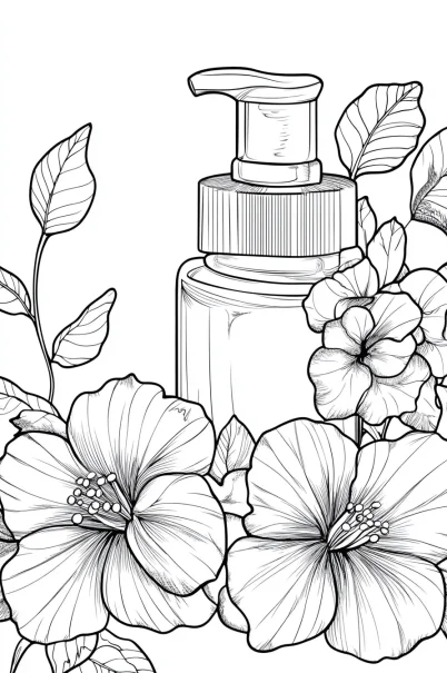 Pump bottle with hibiscus flowers and leaves, sketch line art style — free printable living items coloring book page