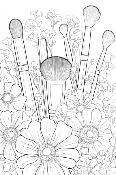 Makeup brushes surrounded by large flowers and small wildflowers, line art style — free printable beauty coloring book page
