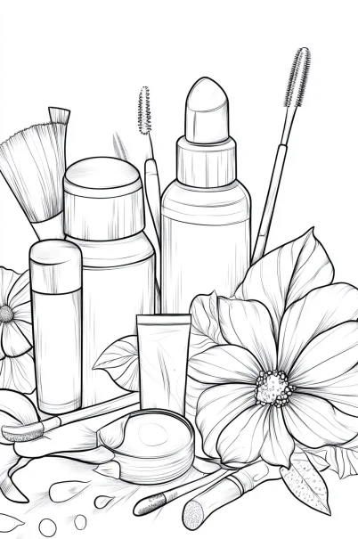 Combination of makeup products and flowers, realistic illustration line art style — free printable beauty coloring book page