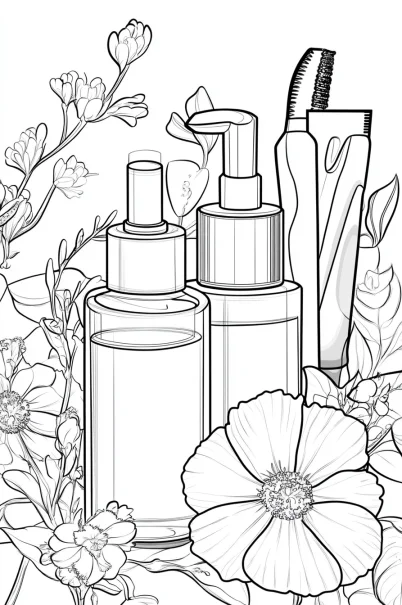 Floral and beauty bottles including pump bottles and eyelash brush, surrounded by various flowers — free printable beauty coloring book page