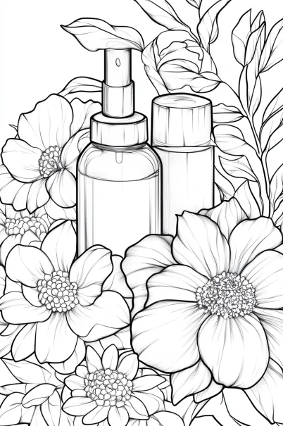 Beauty bottles surrounded by flowers and leaves, realistic line art style — free printable beauty coloring book page