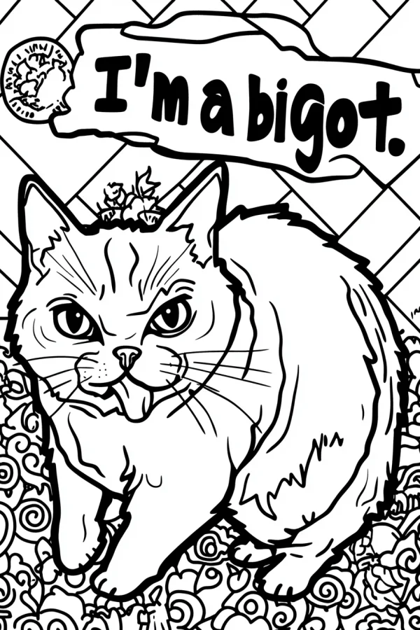 Grumpy tongue-out cat, cartoon style — free printable quirky coloring book page